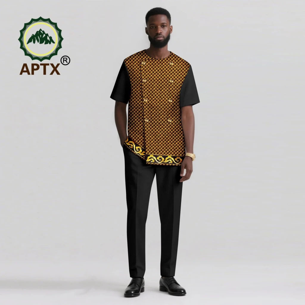 Men’s African Ankara Print Dashiki 2PC Set – O-Neck Patchwork Shirt & Pants - Free Delivery Worldwide only at Flexi Africa