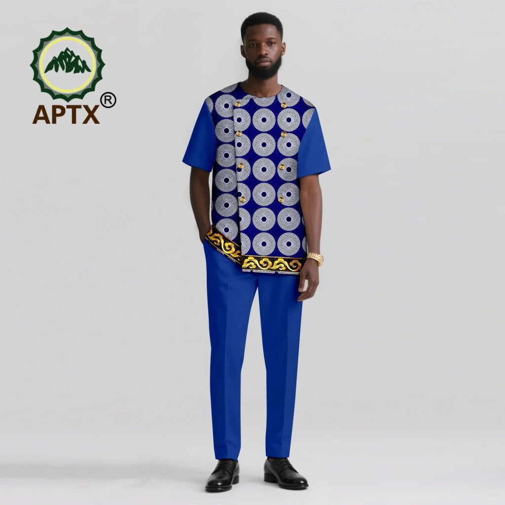 Men’s African Ankara Print Dashiki 2PC Set – O-Neck Patchwork Shirt & Pants - Free Delivery Worldwide only at Flexi Africa