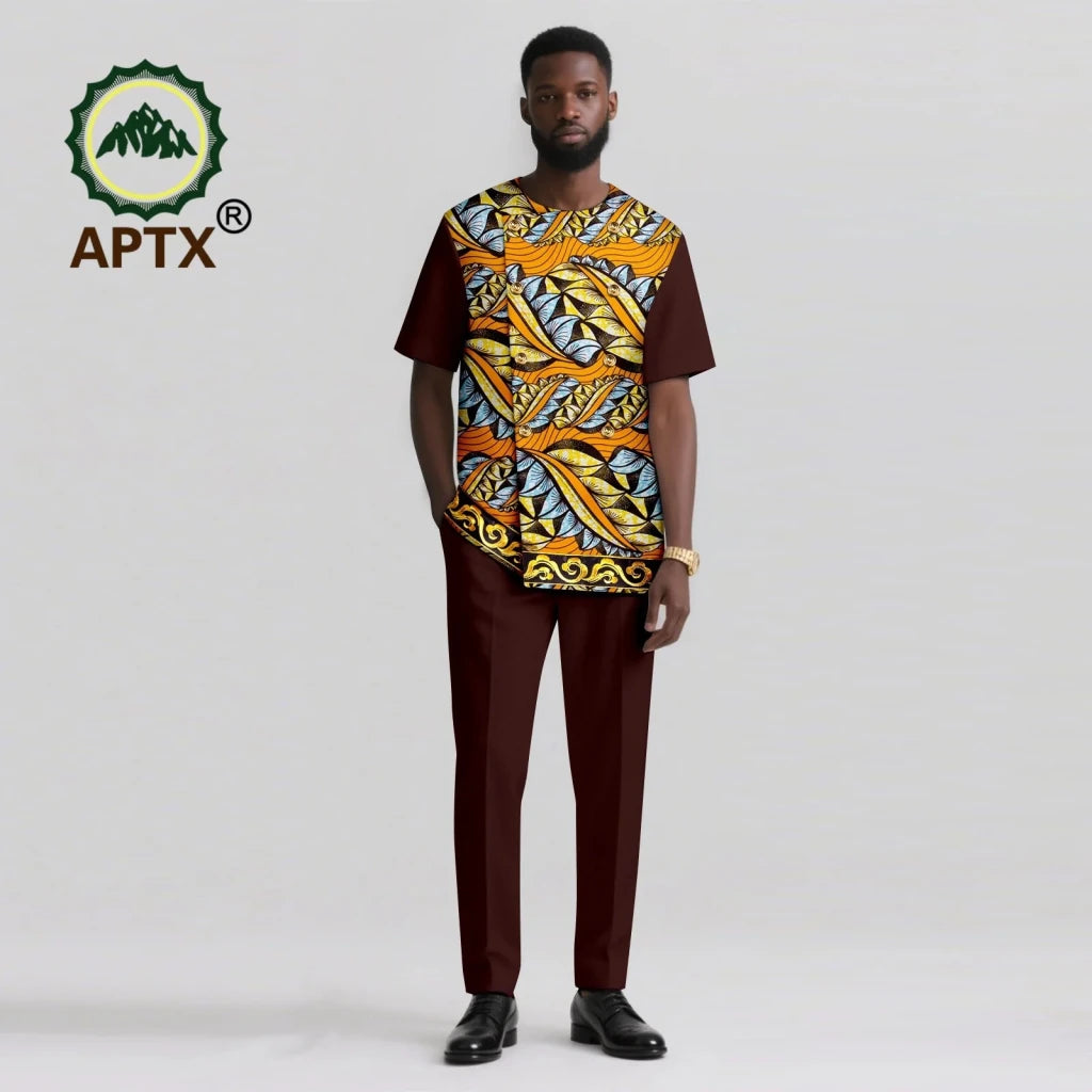 Men’s African Ankara Print Dashiki 2PC Set – O-Neck Patchwork Shirt & Pants - Free Delivery Worldwide only at Flexi Africa