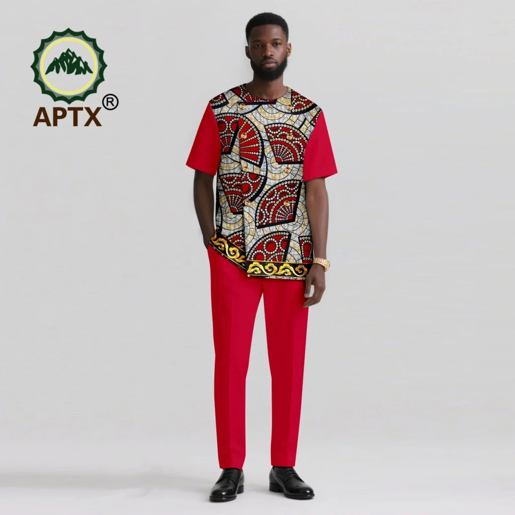 Men’s African Ankara Print Dashiki 2PC Set – O-Neck Patchwork Shirt & Pants - Free Delivery Worldwide only at Flexi Africa