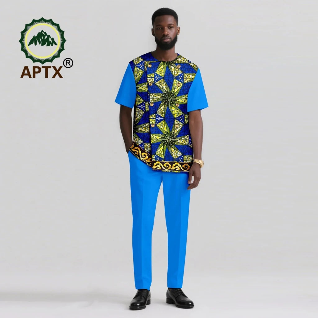 Men’s African Ankara Print Dashiki 2PC Set – O-Neck Patchwork Shirt & Pants - Free Delivery Worldwide only at Flexi Africa
