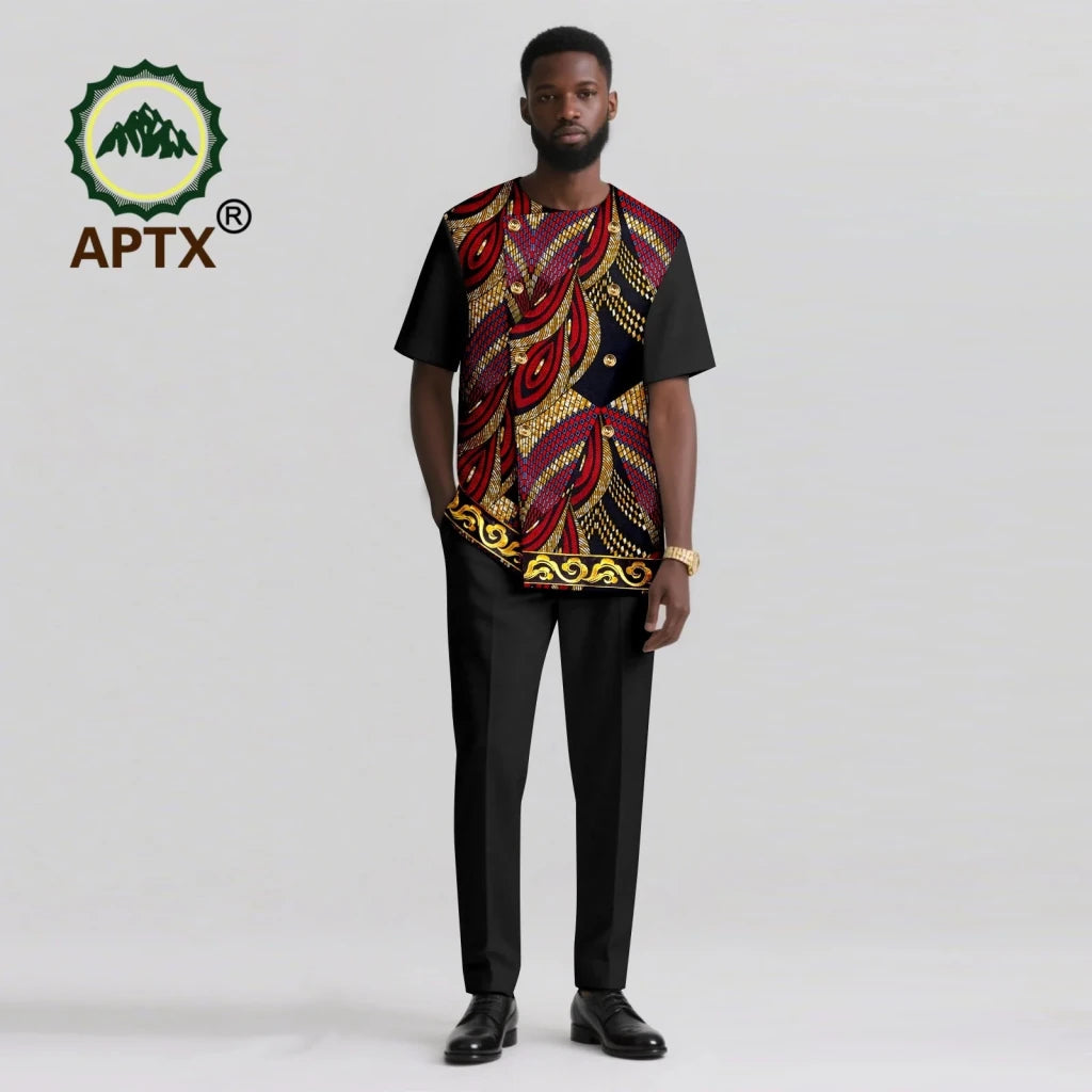 Men’s African Ankara Print Dashiki 2PC Set – O-Neck Patchwork Shirt & Pants - Free Delivery Worldwide only at Flexi Africa