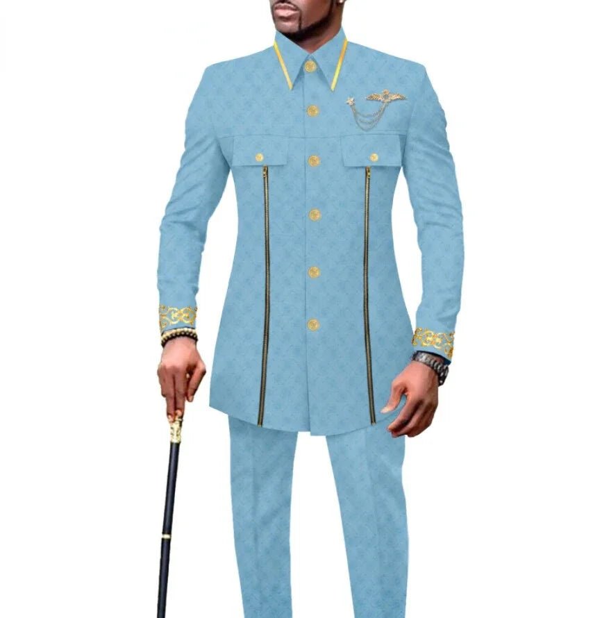Men’s African Embroidered Cotton Set – Ethnic Casual Jacket & Pants Outfit - Free Delivery Worldwide only at Flexi Africa