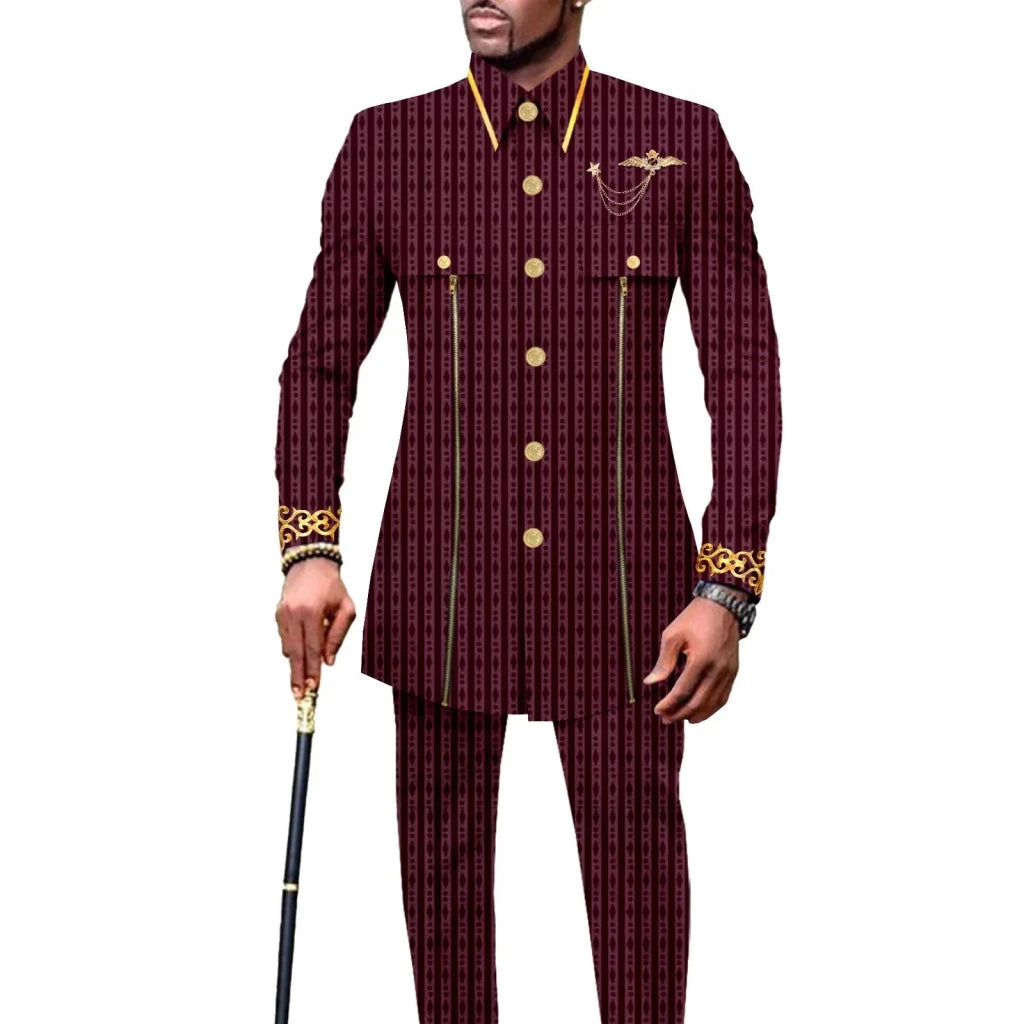 Men’s African Embroidered Cotton Set – Ethnic Casual Jacket & Pants Outfit - Free Delivery Worldwide only at Flexi Africa