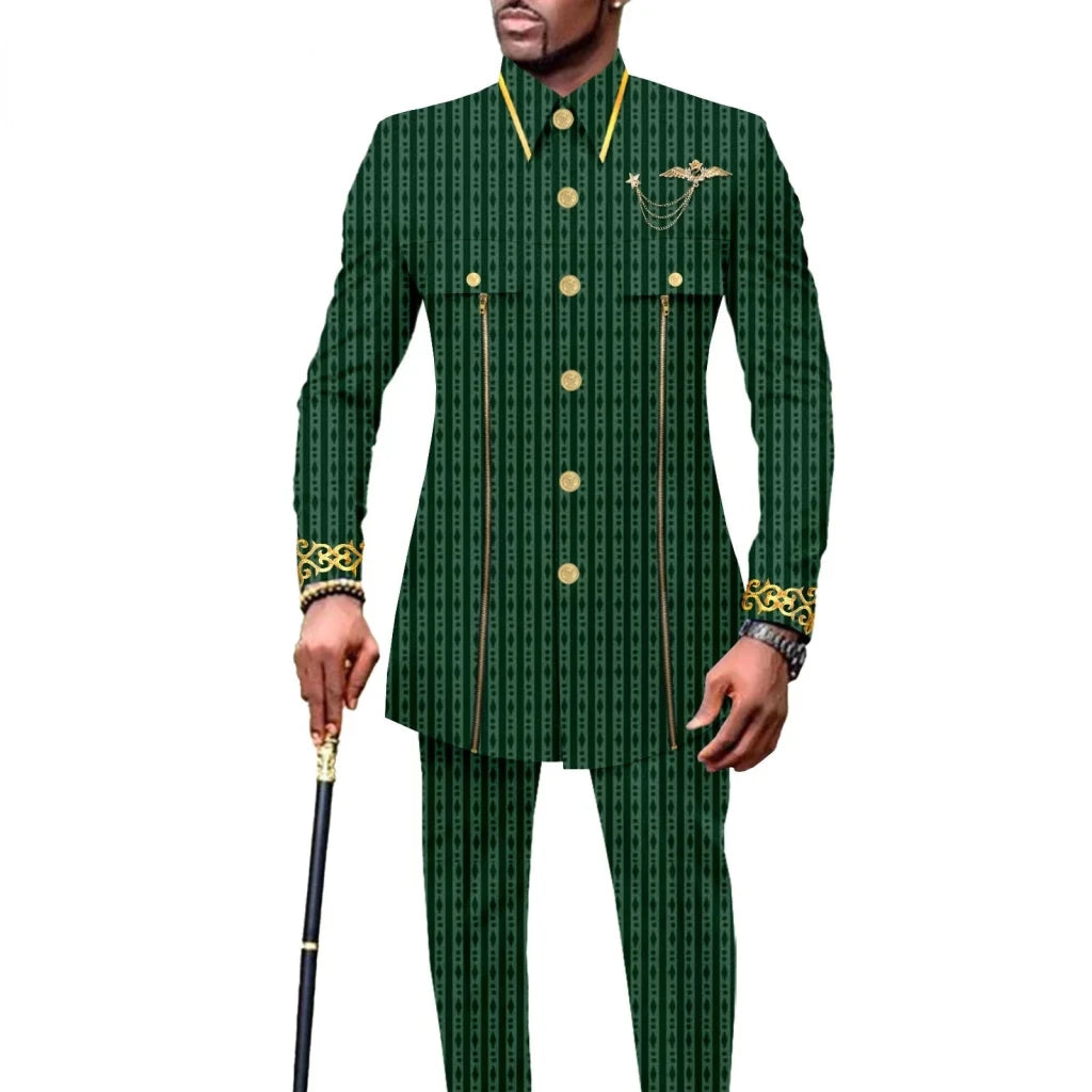 Men’s African Embroidered Cotton Set – Ethnic Casual Jacket & Pants Outfit - Free Delivery Worldwide only at Flexi Africa