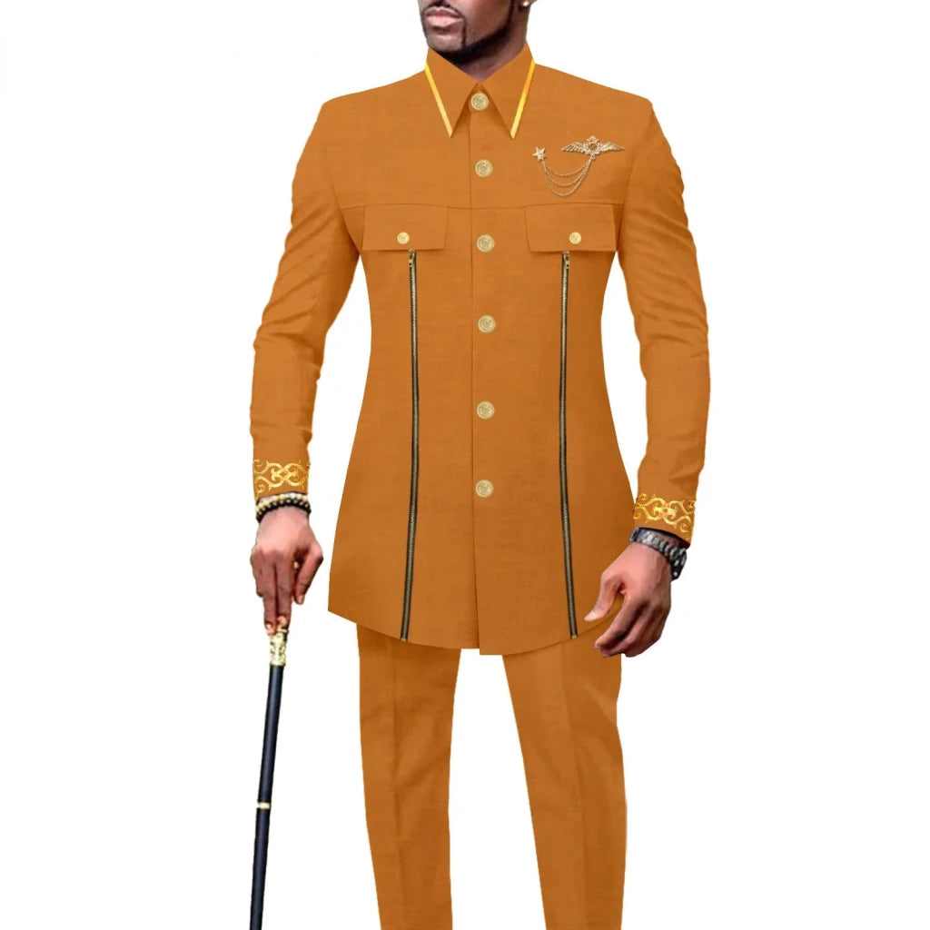 Men’s African Embroidered Cotton Set – Ethnic Casual Jacket & Pants Outfit - Free Delivery Worldwide only at Flexi Africa