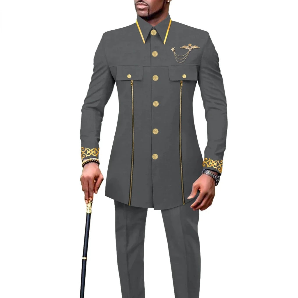 Men’s African Embroidered Cotton Set – Ethnic Casual Jacket & Pants Outfit - Free Delivery Worldwide only at Flexi Africa