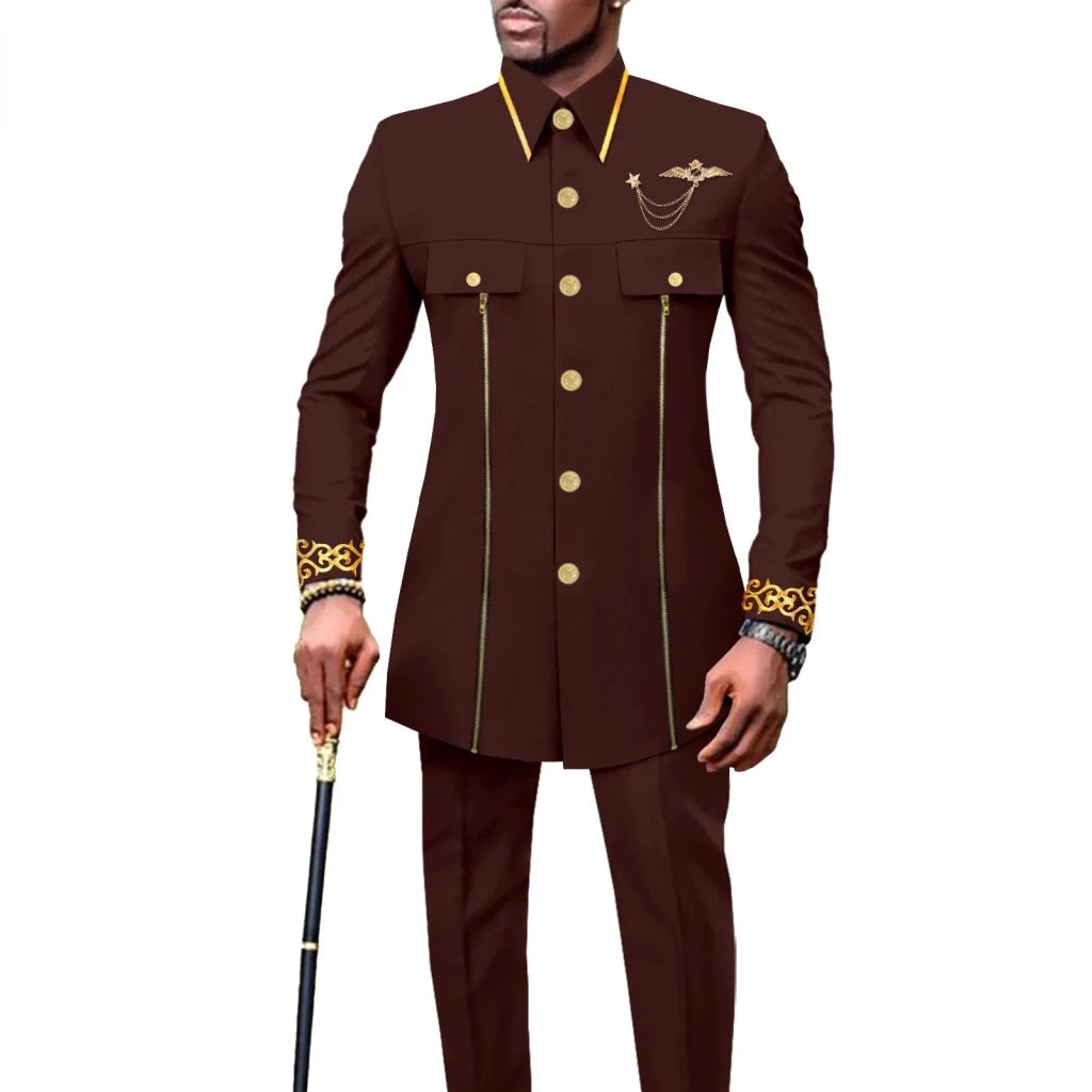 Men’s African Embroidered Cotton Set – Ethnic Casual Jacket & Pants Outfit - Free Delivery Worldwide only at Flexi Africa