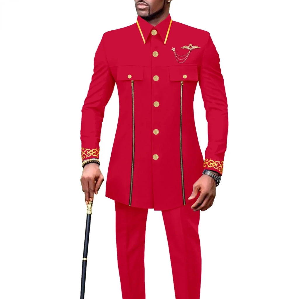 Men’s African Embroidered Cotton Set – Ethnic Casual Jacket & Pants Outfit - Free Delivery Worldwide only at Flexi Africa