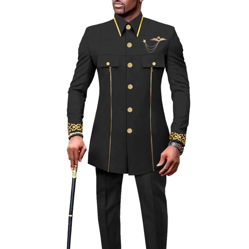 Men’s African Embroidered Cotton Set – Ethnic Casual Jacket & Pants Outfit - Free Delivery Worldwide only at Flexi Africa
