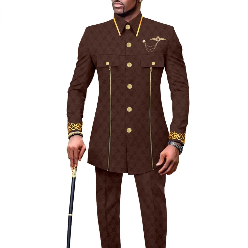 Men’s African Embroidered Cotton Set – Ethnic Casual Jacket & Pants Outfit - Free Delivery Worldwide only at Flexi Africa