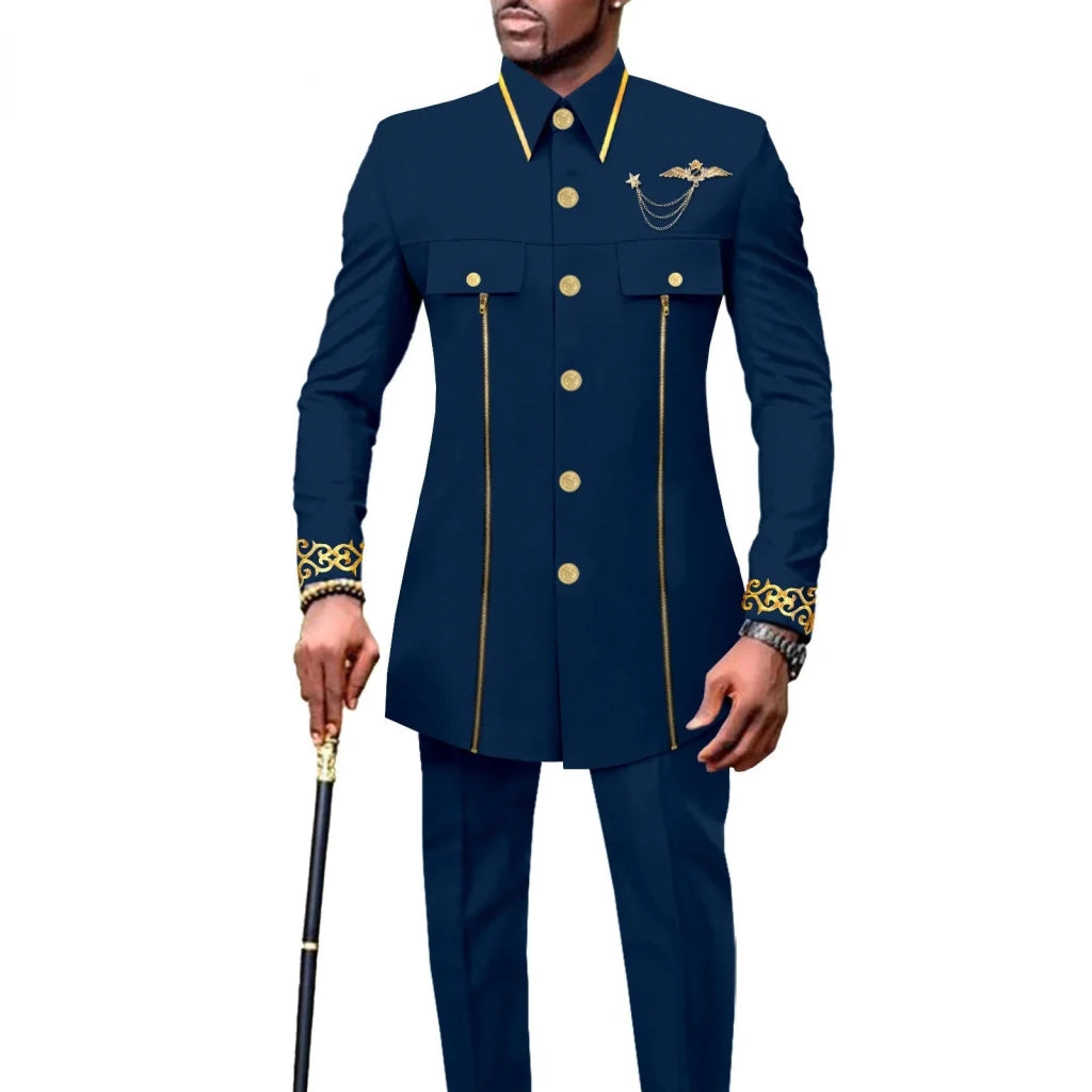 Men’s African Embroidered Cotton Set – Ethnic Casual Jacket & Pants Outfit - Free Delivery Worldwide only at Flexi Africa