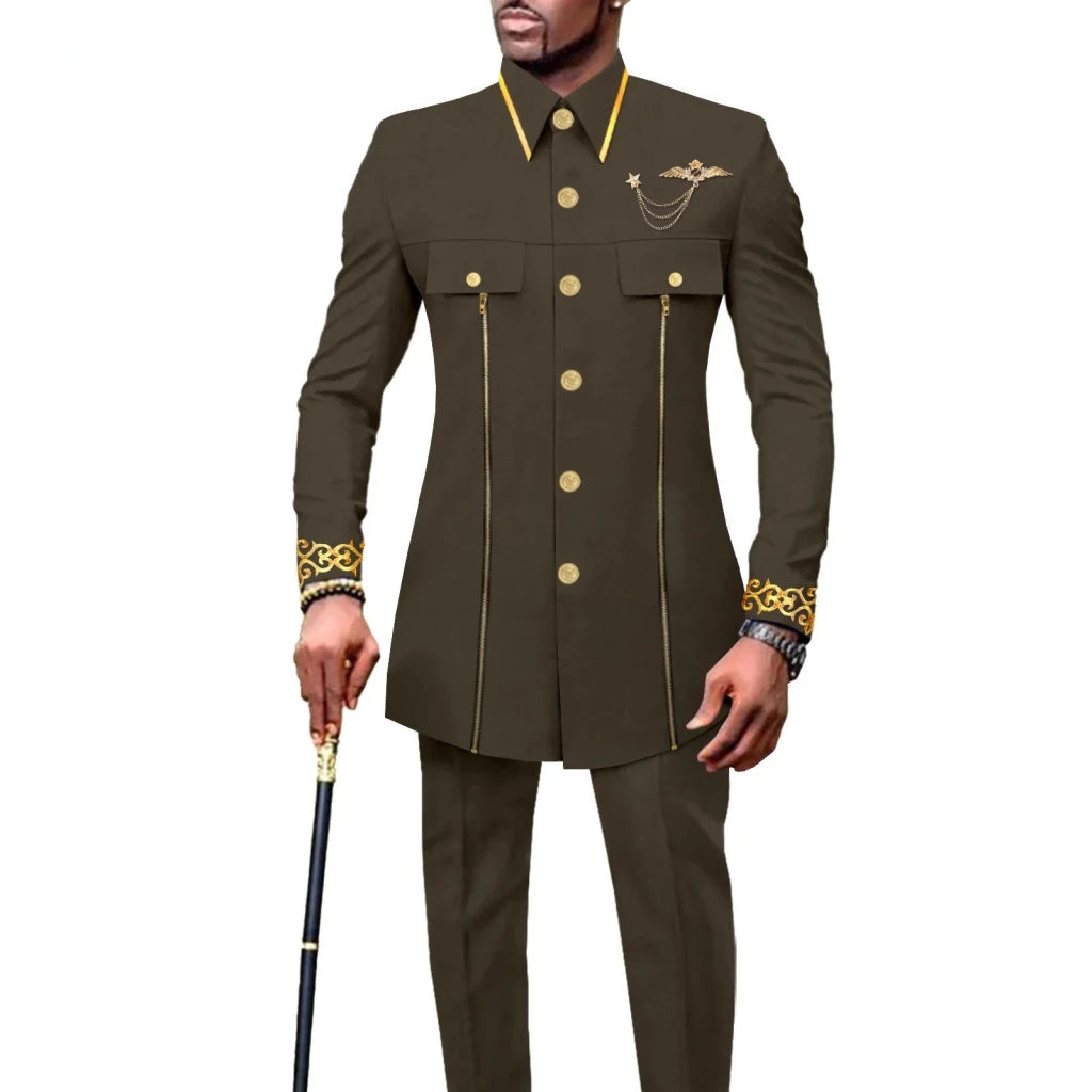 Men’s African Embroidered Cotton Set – Ethnic Casual Jacket & Pants Outfit - Free Delivery Worldwide only at Flexi Africa