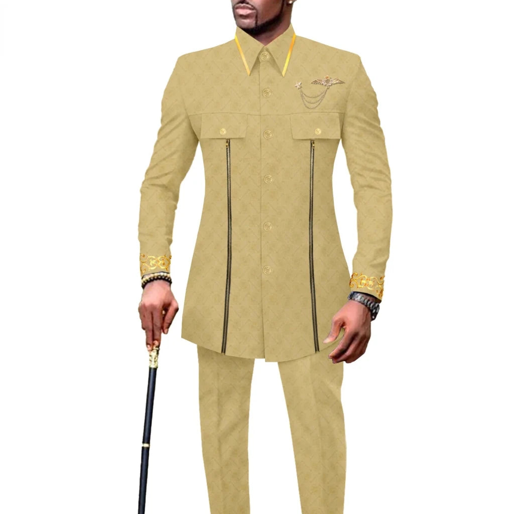 Men’s African Embroidered Cotton Set – Ethnic Casual Jacket & Pants Outfit - Free Delivery Worldwide only at Flexi Africa