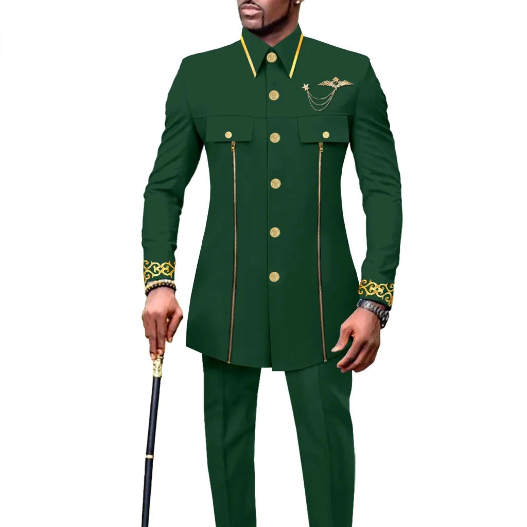 Men’s African Embroidered Cotton Set – Ethnic Casual Jacket & Pants Outfit - Free Delivery Worldwide only at Flexi Africa
