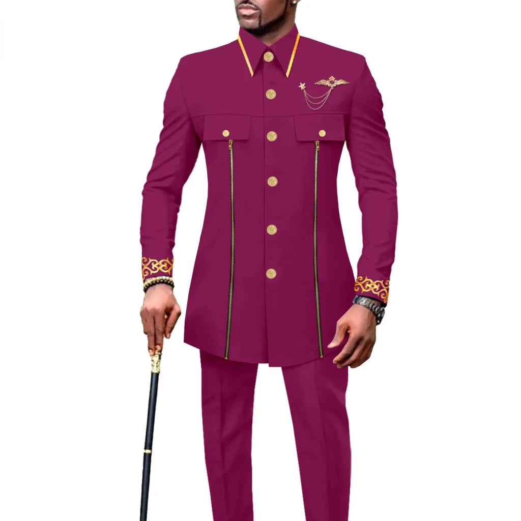 Men’s African Embroidered Cotton Set – Ethnic Casual Jacket & Pants Outfit - Free Delivery Worldwide only at Flexi Africa