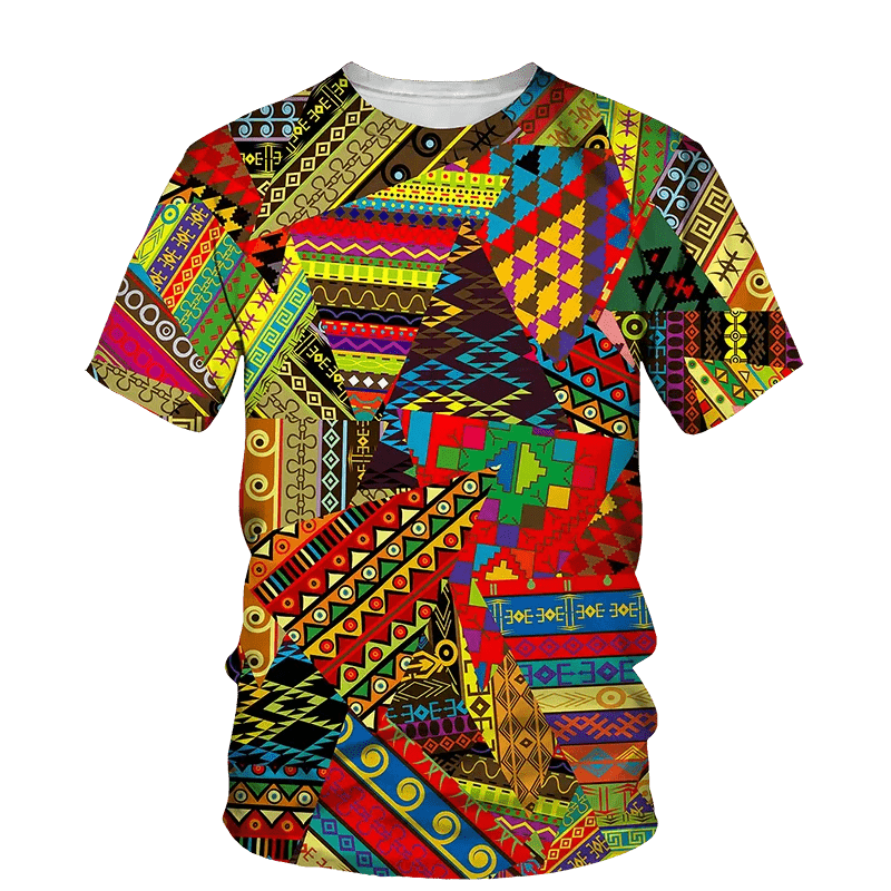 Men's African Folk Ethnic 3D Printed Fashion - O Collar, Short Sleeve, Loose Fit, Plus Size Top - Flexi Africa