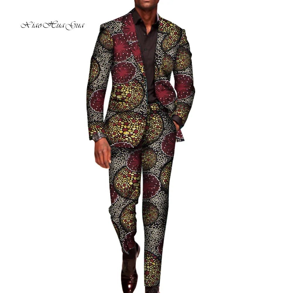Men’s African Traditional 2PC Suit – Long Sleeve Blazer & Pants Set, Stylish Party Outfit - Free Delivery Worldwide only at Flexi Africa