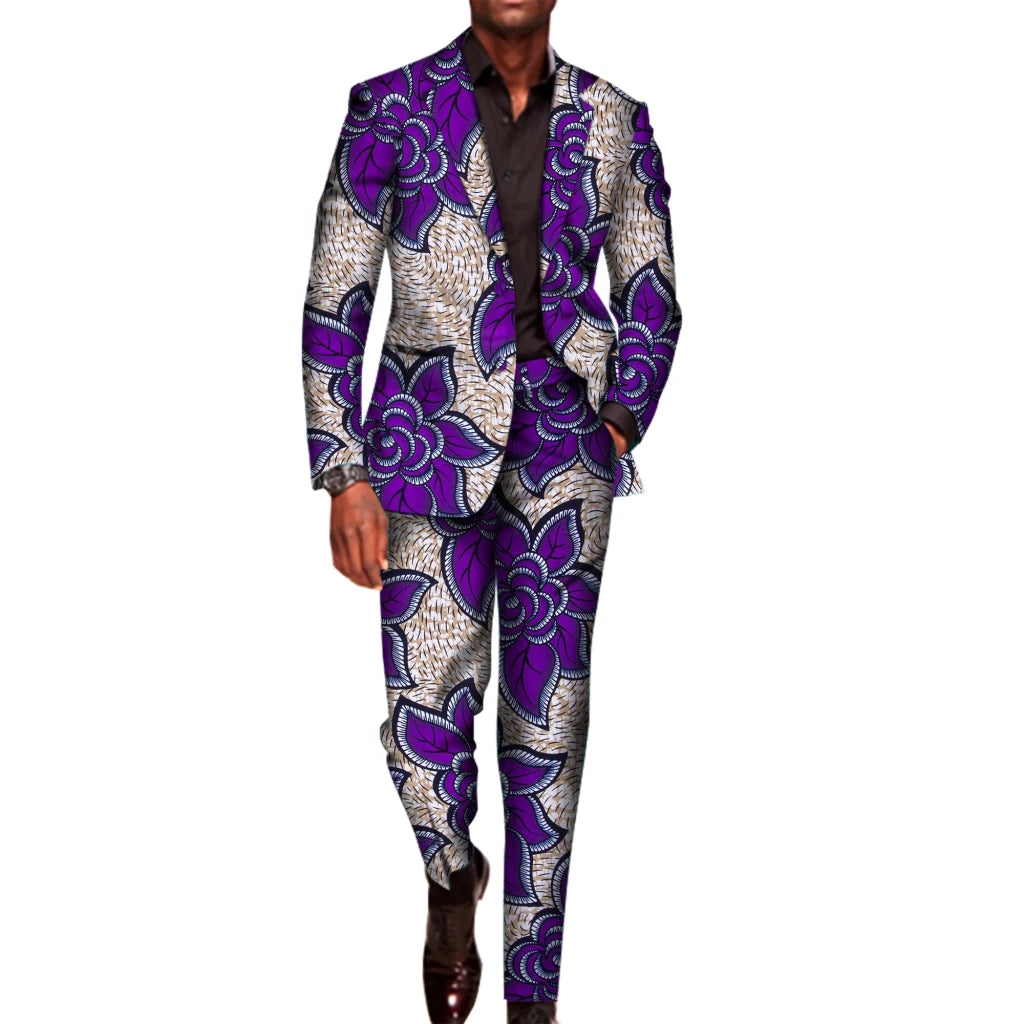 Men’s African Traditional 2PC Suit – Long Sleeve Blazer & Pants Set, Stylish Party Outfit - Free Delivery Worldwide only at Flexi Africa