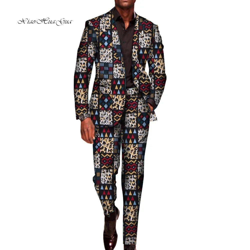 Men’s African Traditional 2PC Suit – Long Sleeve Blazer & Pants Set, Stylish Party Outfit - Free Delivery Worldwide only at Flexi Africa