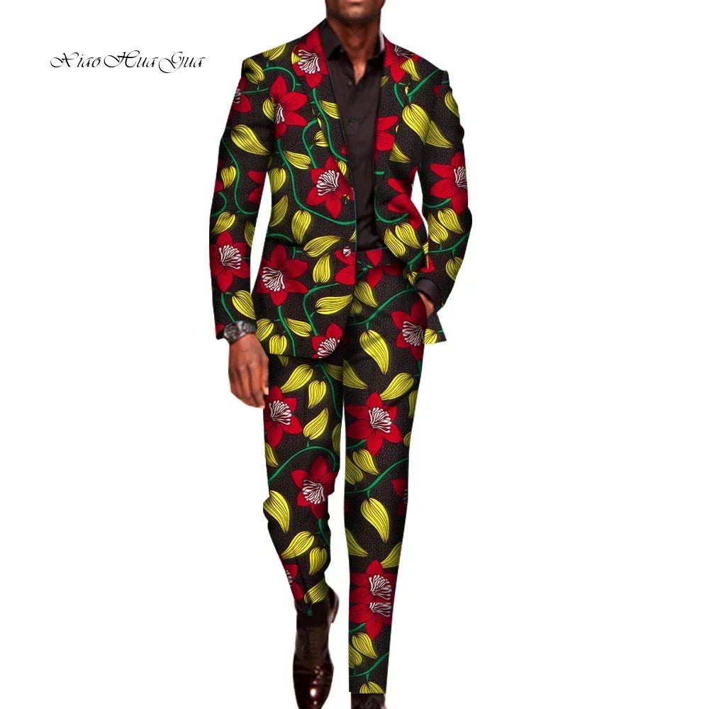 Men’s African Traditional 2PC Suit – Long Sleeve Blazer & Pants Set, Stylish Party Outfit - Free Delivery Worldwide only at Flexi Africa