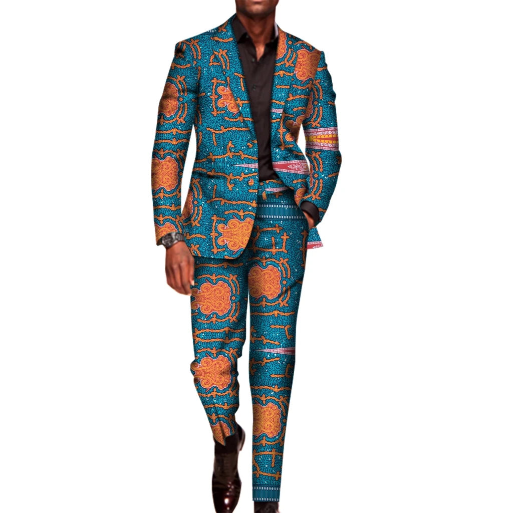 Men’s African Traditional 2PC Suit – Long Sleeve Blazer & Pants Set, Stylish Party Outfit - Free Delivery Worldwide only at Flexi Africa