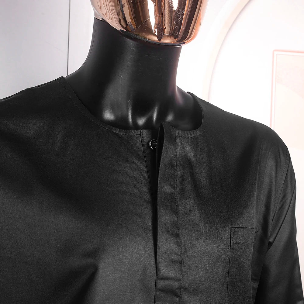 Men’s African Traditional 3PC Embroidered Set – Black & Red Bazin Shirt, Pants, and Robe - Free Delivery Worldwide only at Flexi Africa