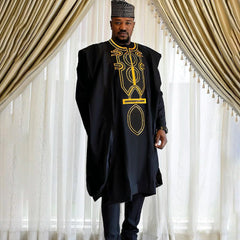 Men’s African Traditional 3PC Embroidered Set – Black & Red Bazin Shirt, Pants, and Robe - Free Delivery Worldwide only at Flexi Africa