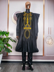 Men’s African Traditional 3PC Embroidered Set – Black & Red Bazin Shirt, Pants, and Robe - Free Delivery Worldwide only at Flexi Africa