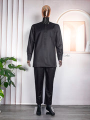 Men’s African Traditional 3PC Embroidered Set – Black & Red Bazin Shirt, Pants, and Robe - Free Delivery Worldwide only at Flexi Africa