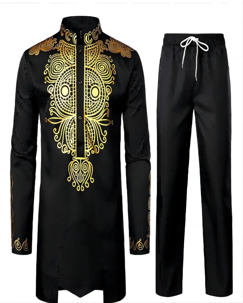 Mens' African Traditional Cotton Suit: 2PC Dashiki Set with Long Sleeve Gold Print Shirt and Pants - Flexi Africa FREE POST