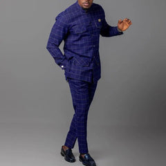 Men’s African Tuxedo Suit – 2PC Plaid Dashiki Set with Stand Collar for Weddings - Free Delivery Worldwide only at Flexi Africa