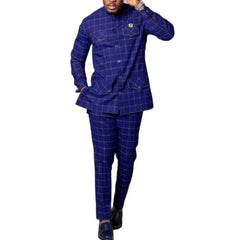 Men’s African Tuxedo Suit – 2PC Plaid Dashiki Set with Stand Collar for Weddings - Free Delivery Worldwide only at Flexi Africa