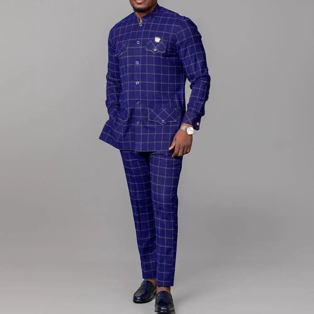 Men’s African Tuxedo Suit – 2PC Plaid Dashiki Set with Stand Collar for Weddings - Free Delivery Worldwide only at Flexi Africa