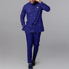 Men’s African Tuxedo Suit – 2PC Plaid Dashiki Set with Stand Collar for Weddings - Free Delivery Worldwide only at Flexi Africa