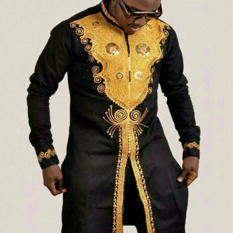 Men's Black & Gold Dashiki Long Tunic - Free Delivery Worldwide only at Flexi Africa