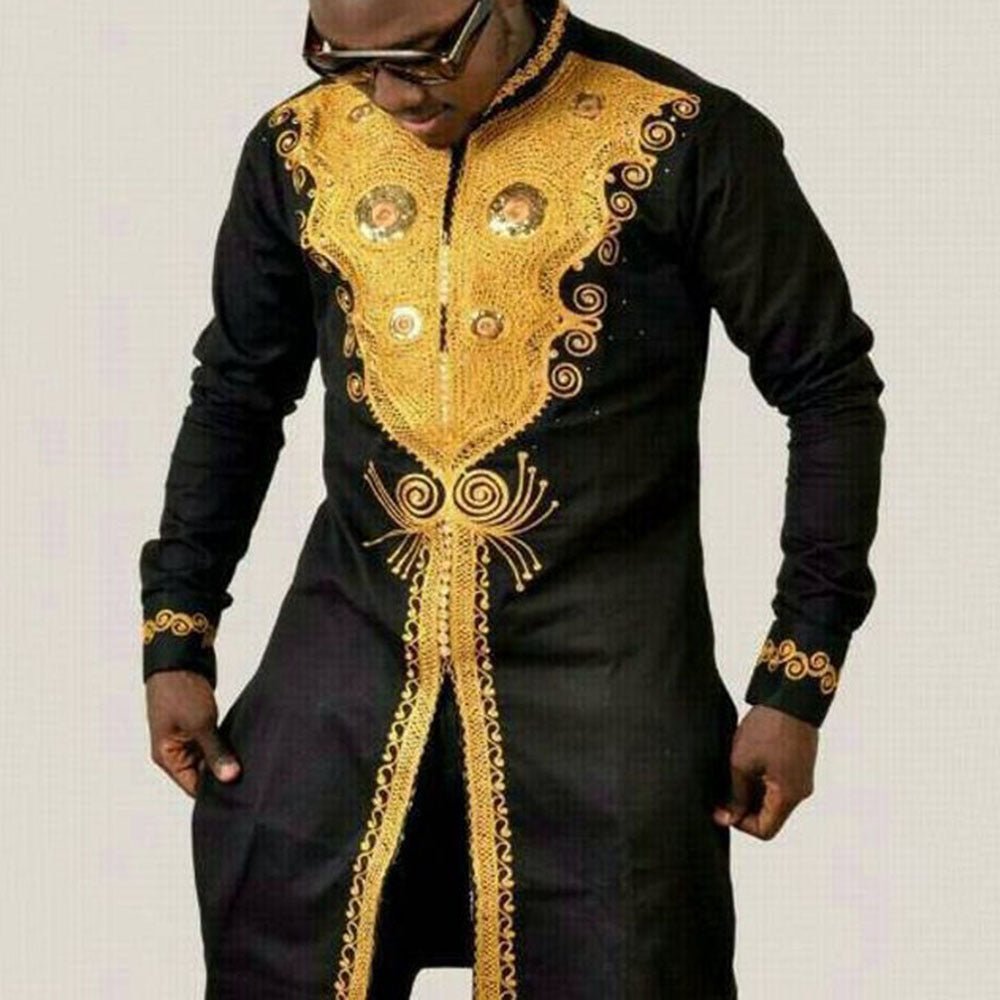 Men's Black & Gold Dashiki Long Tunic - Free Delivery Worldwide only at Flexi Africa
