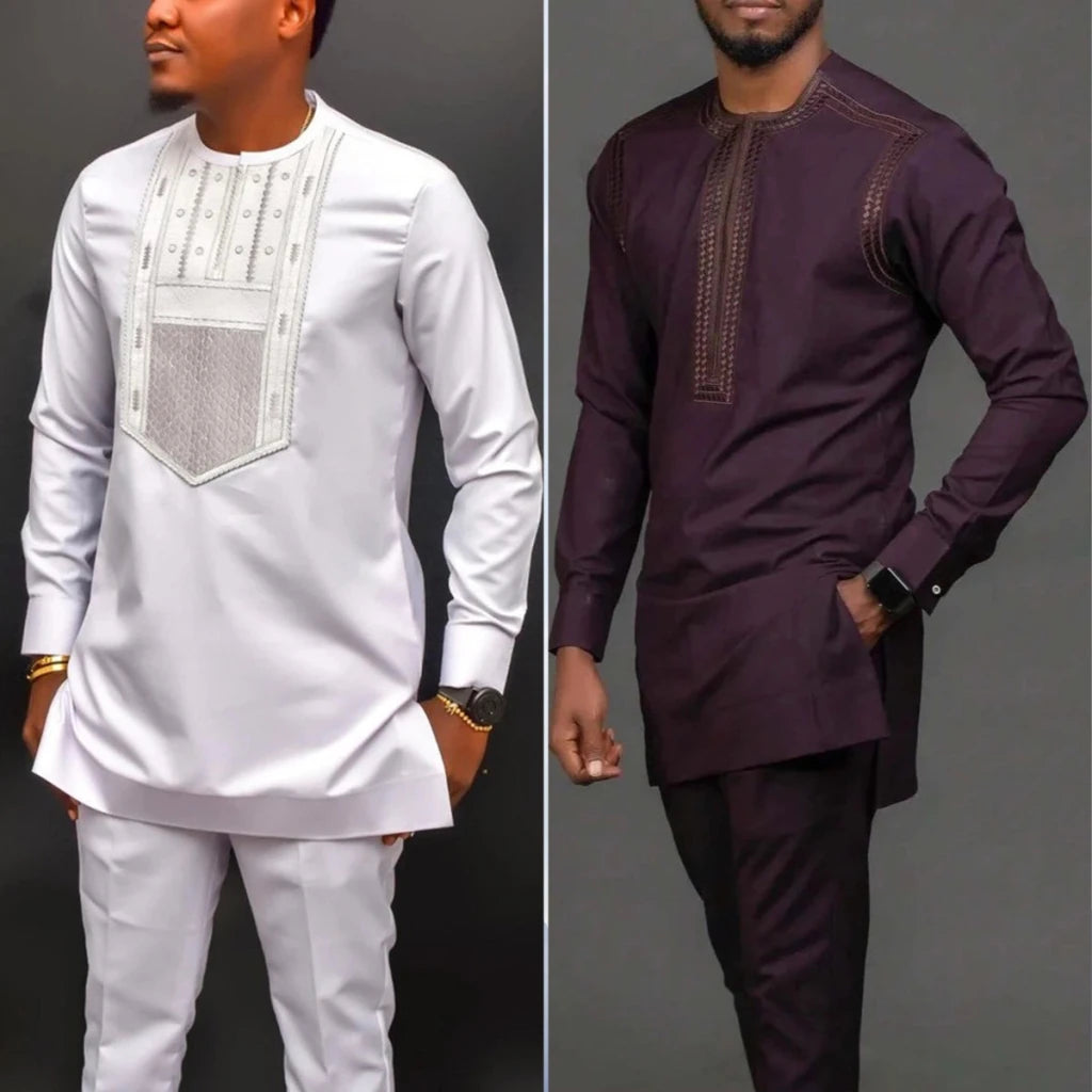 Men’s Luxury African Embroidered 2-Piece Set – Traditional Dashiki Kaftan Shirt & Pants - Free Delivery Worldwide only at Flexi Africa