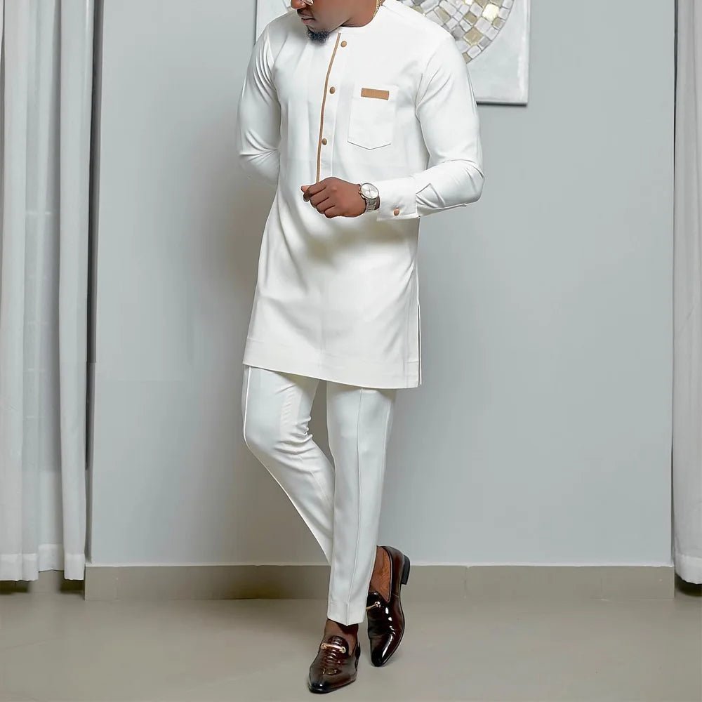 Men’s Luxury African Wedding 2PC Suit – Elegant Groom Outfit, Patchwork Crew - Neck Formal Set - Free Delivery Worldwide only at Flexi Africa