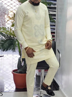 Men’s Luxury African Wedding 2PC Suit – Elegant Groom Outfit, Patchwork Crew - Neck Formal Set - Free Delivery Worldwide only at Flexi Africa