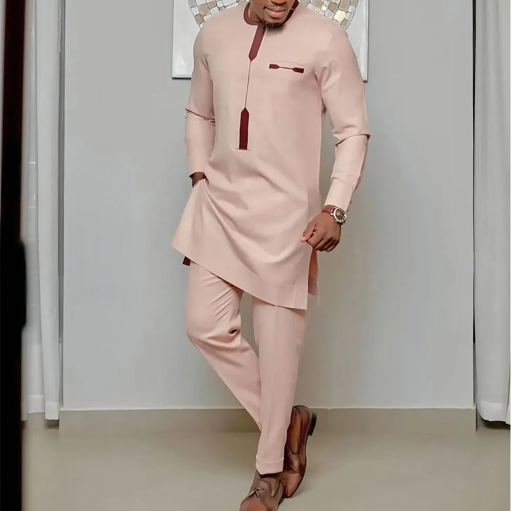 Men’s Luxury African Wedding 2PC Suit – Elegant Groom Outfit, Patchwork Crew - Neck Formal Set - Free Delivery Worldwide only at Flexi Africa