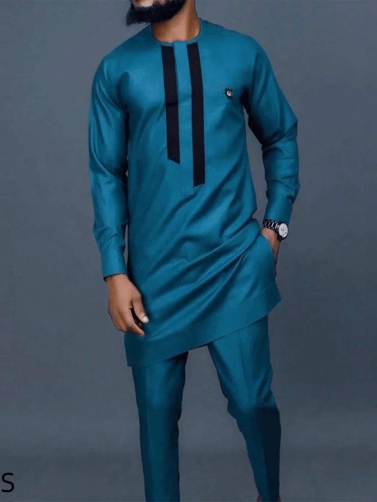 Men’s Luxury African Wedding 2PC Suit – Elegant Groom Outfit, Patchwork Crew - Neck Formal Set - Free Delivery Worldwide only at Flexi Africa