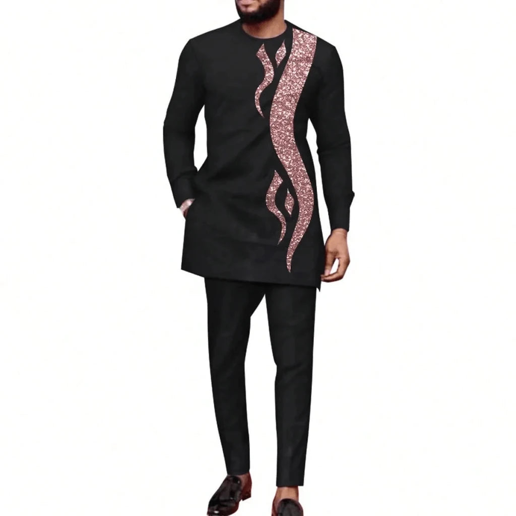 Men’s Luxury African Wedding 2PC Suit – Elegant Groom Outfit, Patchwork Crew - Neck Formal Set - Free Delivery Worldwide only at Flexi Africa