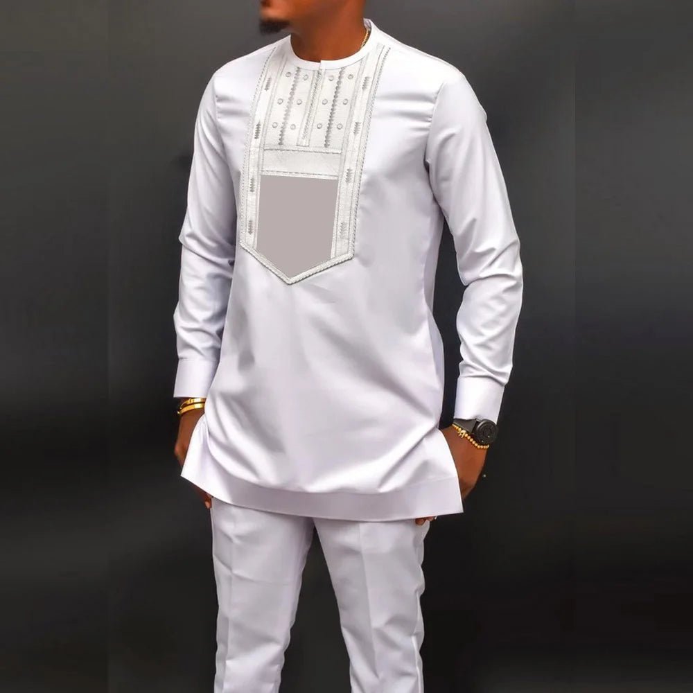 Men’s Luxury African Wedding 2PC Suit – Elegant Groom Outfit, Patchwork Crew - Neck Formal Set - Free Delivery Worldwide only at Flexi Africa