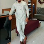 Men’s Luxury African Wedding 2PC Suit – Elegant Groom Outfit, Patchwork Crew - Neck Formal Set - Free Delivery Worldwide only at Flexi Africa