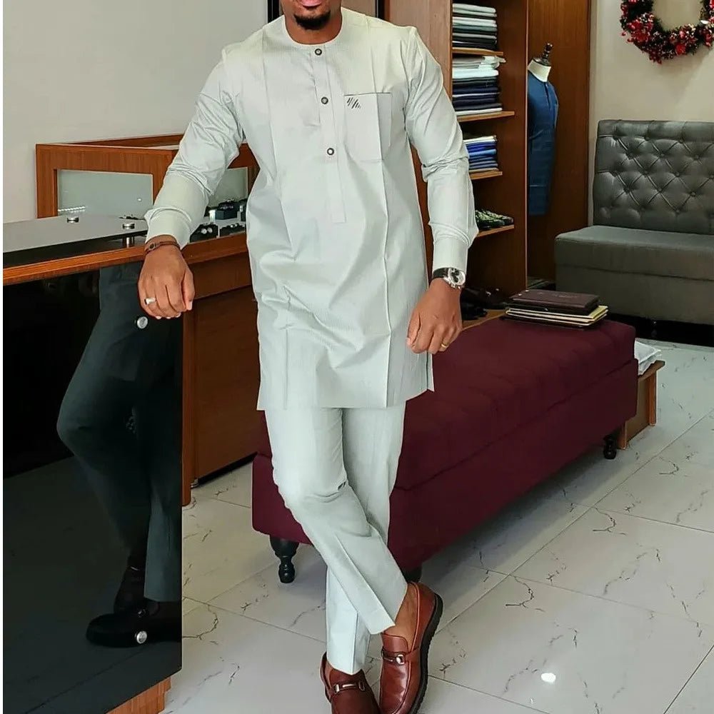 Men’s Luxury African Wedding 2PC Suit – Elegant Groom Outfit, Patchwork Crew - Neck Formal Set - Free Delivery Worldwide only at Flexi Africa