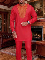 Men’s Luxury African Wedding 2PC Suit – Elegant Groom Outfit, Patchwork Crew - Neck Formal Set - Free Delivery Worldwide only at Flexi Africa