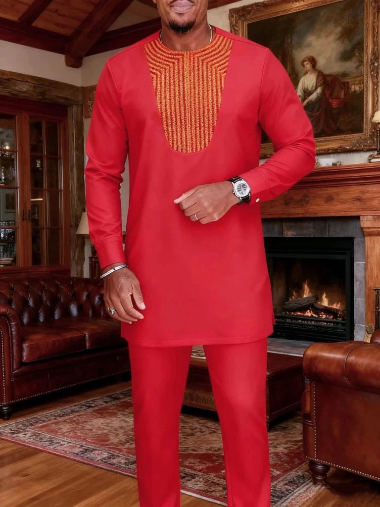 Men’s Luxury African Wedding 2PC Suit – Elegant Groom Outfit, Patchwork Crew - Neck Formal Set - Free Delivery Worldwide only at Flexi Africa