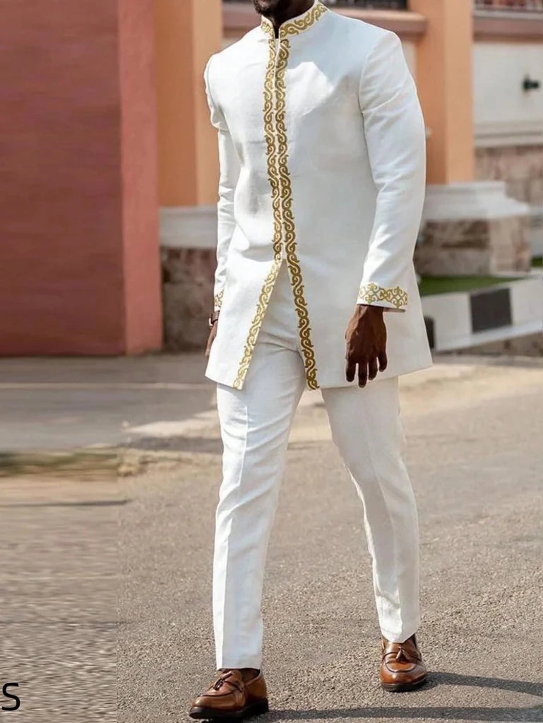 Men’s Luxury African Wedding 2PC Suit – Elegant Groom Outfit, Patchwork Crew - Neck Formal Set - Free Delivery Worldwide only at Flexi Africa
