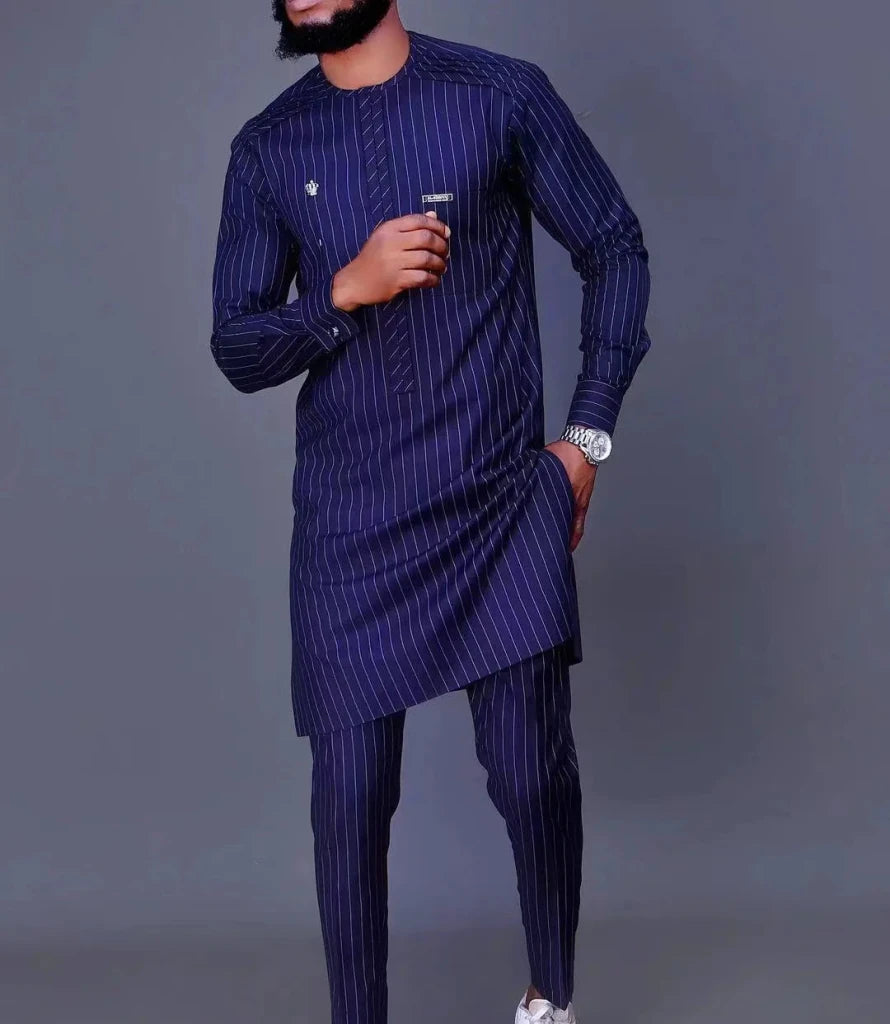 Men’s Luxury African Wedding 2PC Suit – Elegant Groom Outfit, Patchwork Crew - Neck Formal Set - Free Delivery Worldwide only at Flexi Africa